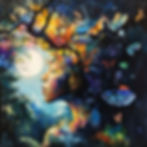 This mesmerizing artwork features a serene female figure whose hair transforms into a vibrant tapestry of flowers, butterflies, and birds, set against a lush forest backdrop under a glowing full moon. The rich blend of colors—deep blues, fiery oranges, and soft pinks—symbolizes the harmony between nature’s diverse elements. With her eyes closed in peaceful contemplation, the figure embodies a collaborative spirit, reflecting the unity of the ecosystem and the regenerative efforts of Agroverse’s cacao farming in the Amazon. The fluttering butterflies and blooming flora evoke a sense of renewal and partnership with the natural world.
