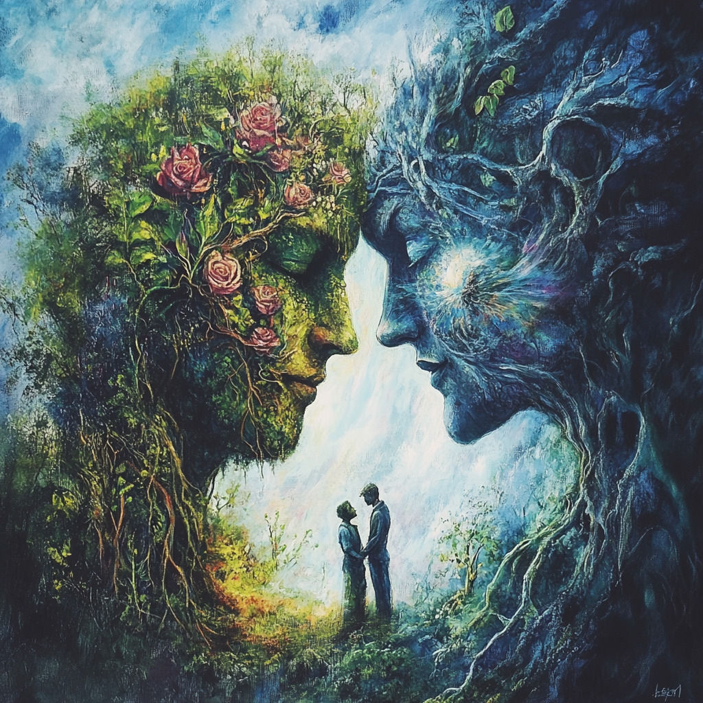 This captivating artwork portrays a profound connection between humanity and the natural world. Two colossal faces, one vibrant with lush greenery and blooming roses, the other ethereal with cosmic hues and twisted branches, emerge from the landscape in a mirrored embrace. Below, a couple stands hand in hand, gazing upward, symbolizing the harmony between human existence and the nurturing spirit of the forest. The piece beautifully captures the essence of Agroverse’s mission—restoring the Amazon rainforest through regenerative cacao farming—blending earthy tones with a mystical aura to inspire unity and reverence for nature.