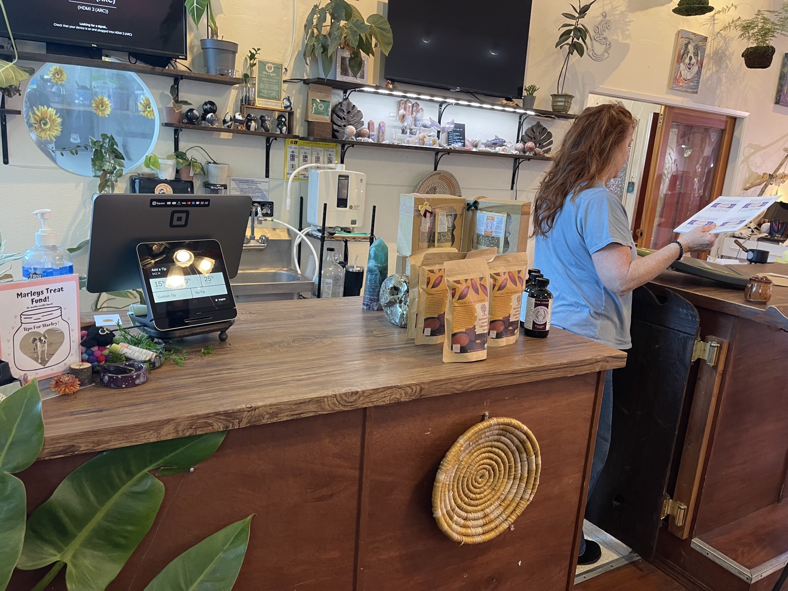 Agroverse ceremonial cacao on the counter at Lumin Earth Apothecary